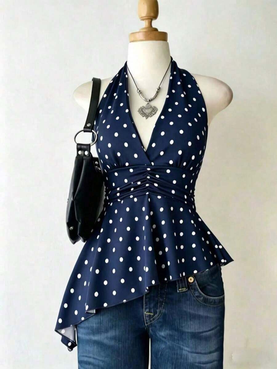 Blusa de verano con escote halter, fruncido y bajo asimétrico con estampado de lunares para mujer - Azul marino - Ver 1