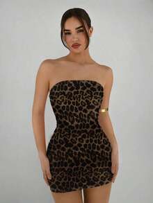 Vestido casual, elegante y sexy de estampado abstracto marrón café, tipo bandeau y ajustado, apropiado para el verano, vacaciones y fiestas - Multicolor - Ver 7