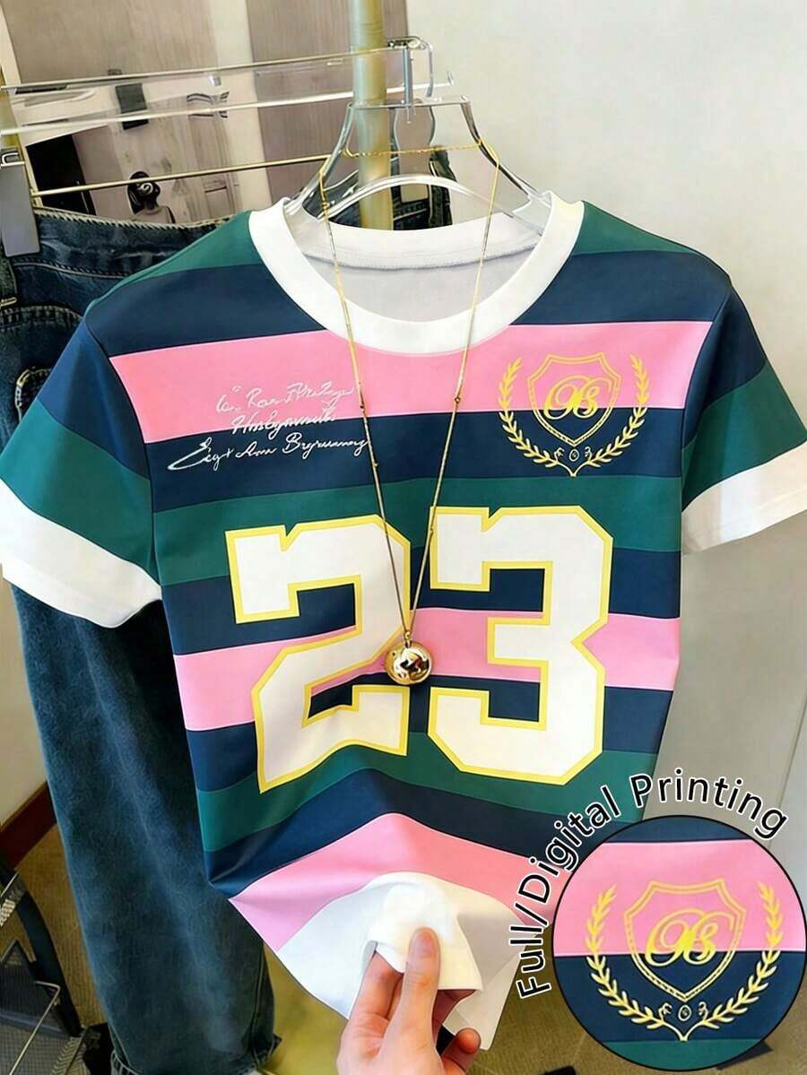 Camiseta de mujer de cuello redondo de manga corta con bloques de color y rayas - Multicolor 6 - Ver 1