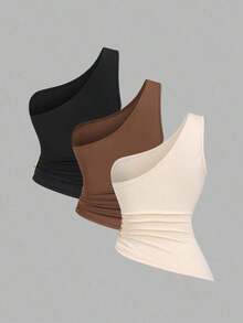 Conjunto de blusa con cuello asimétrico, un solo hombro y decoración de hebilla metálica, adecuado para vacaciones en la playa - Multicolor 4 - Ver 2