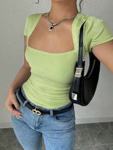 Raffinéa Camiseta ajustado de moda con mangas raglan, cuello en U, cintura fruncida, elástica, blanca, para primavera/verano, para mujeres - Verde - Ver 5