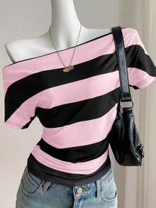 Camiseta de mujer de manga corta con cuello asimétrico y estampado de rayas - Multicolor 2 - Ver 8