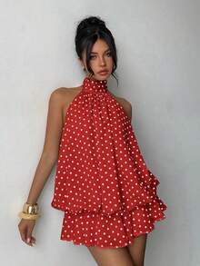 Vestido mini elegante de mujer con estampado de lunares y escote halter sin espalda - Rojo - Ver 8