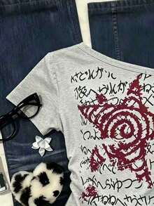 Camiseta casual de mujer con cuello asimétrico, estampado floral y de tigre, para verano - Multicolor 8 - Ver 4