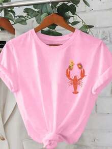 Camiseta suelta de cuello redondo para mujer de talla grande con gráfico retro de cangrejo de río, diseño de verano con estética vintage de cangrejo de río, camiseta casual - Rosa Pálido - Ver 3