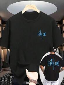 New Summer Casual Printed T-Shirt With A Ribbed Crew Neck And Short Sleeves. Made From Pure Cotton, It's Cool And Comfortable To Wear. Both The Front And Back Feature A Fishing Rod And Fish Print. Perfect For Outdoor Wear, Available In Plus Sizes. - 黑色 - 查看 2