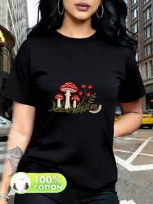 Camiseta de Mujer de Manga Corta de Algodón Estampada, Nueva Moda 2026, con Patrones de Hongos y Flores, Vívida y Natural, Elegante, Casual, Versátil y Atractiva. - Negro - Ver 1