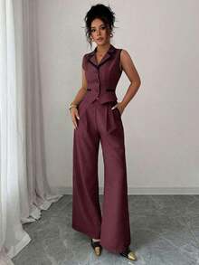 Traje de chaleco y pantalones con ribete de contraste elegante para mujer, todos los atuendos para mujer, de vuelta a la escuela, atuendos de maestra para mujer, vestido de invitada de boda elegante, casual de negocios para mujer, vestido de in - Burdeos - Ver 6
