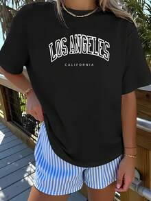1pc 2026 Year Of The Horse Women's Spring Short Sleeve Top - Los Angeles City Letter Print. Short Sleeves, Fashionable, Stylish, Unique, And Fun. Comfortable, Soft, And Breathable. Perfect For Spring Outfits, Parties, And Valentine's Day. - 黑色 - 查看 1
