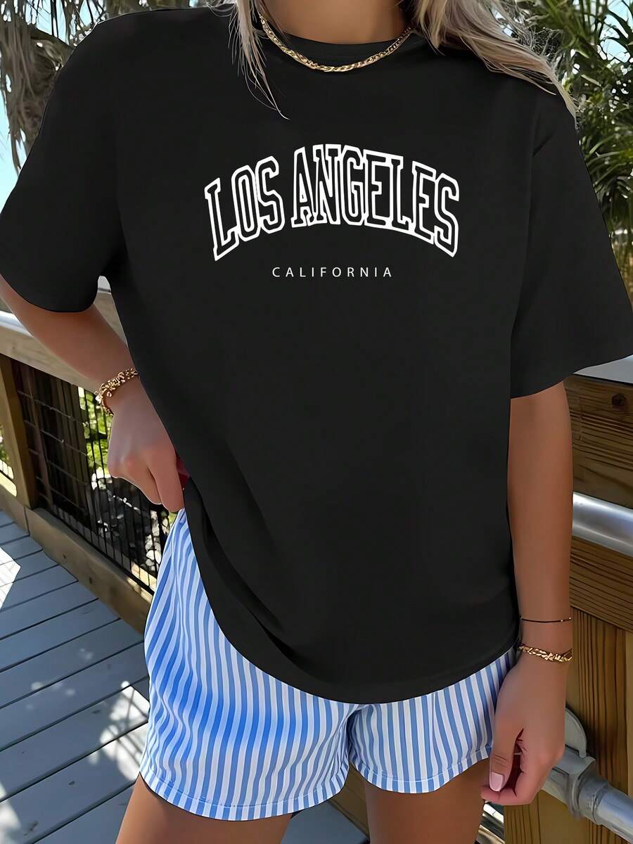 1pc 2026 Year Of The Horse Women's Spring Short Sleeve Top - Los Angeles City Letter Print. Short Sleeves, Fashionable, Stylish, Unique, And Fun. Comfortable, Soft, And Breathable. Perfect For Spring Outfits, Parties, And Valentine's Day. - 黑色 - 查看 1