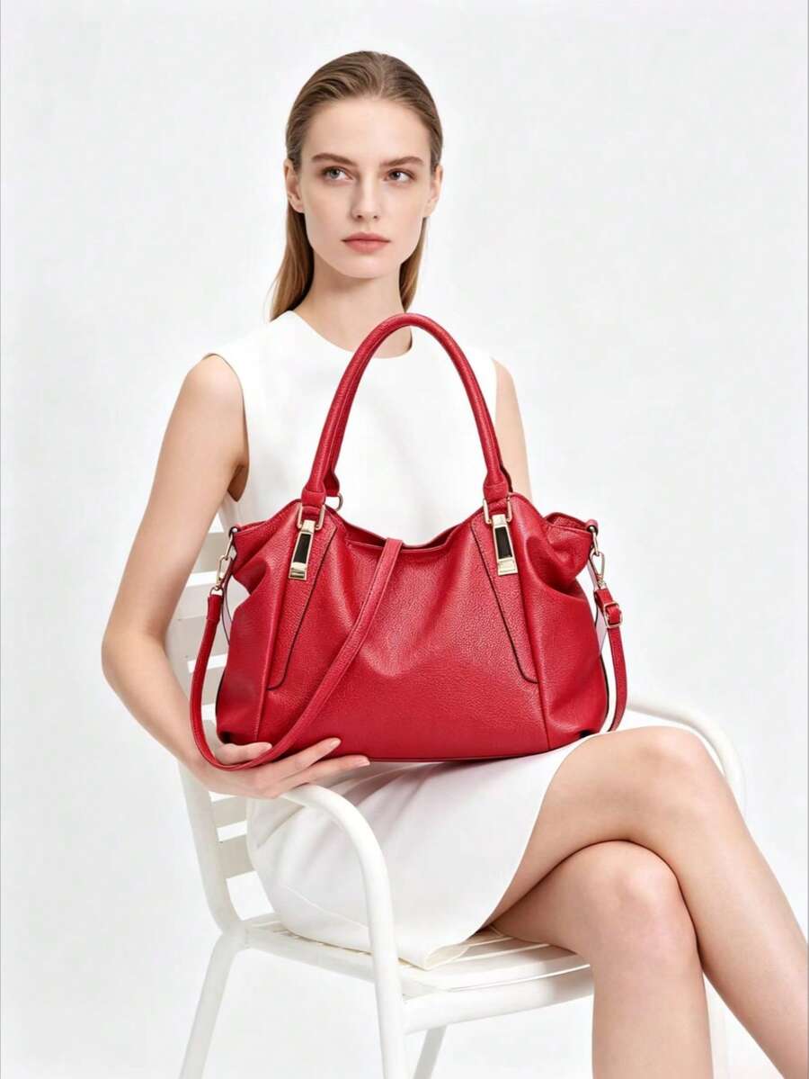 1 buah Tas Tote PU Kasual Modis Warna Merah Polos, Cocok untuk Kerja, Kantor, dan Kehidupan Sehari-hari