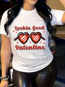 Camiseta de Moda para el Día de San Valentín para Mujeres, diseño de corazón y gafas de sol, cuello redondo de manga corta, tela suave, ajuste holgado, ideal para uso diario y celebraciones - Blanco - Ver 9