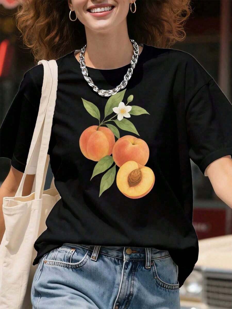 Women's Black Peach Fruit Print T-Shirt, Casual Summer Floral Design Top, Graphic Tee For Everyday Wear And Outings - Urban Vintage Style, Unisex, Loose Cotton, Short Sleeve, Round Neck. - 黑色 - 查看 1