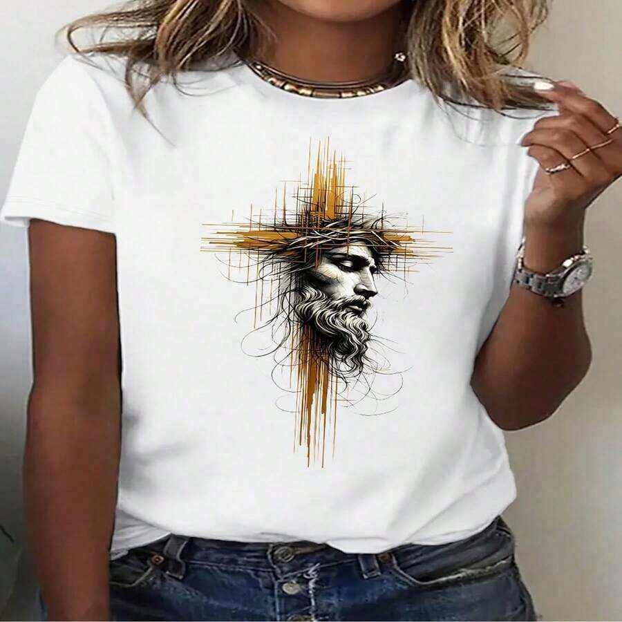 Women's 100% Cotton T-Shirt, Round Neck, Short Sleeve With Jesus Print - Vintage Urban Style, Unisex, Loose Fit, Cotton, Round Neck, Short Sleeve, Women's Blouses, Women's T-Shirts, Casual Blouses For Ladies. - 白色4 - 查看 1