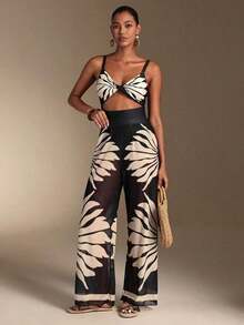 Swim Oasis Traje de baño de una pieza con camisola de patchwork de colores y pantalones de pierna ancha, adecuado para vacaciones en la playa, fiestas en la piscina y fiestas en la playa - Negro - Ver 1