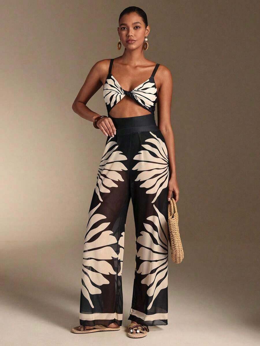 Swim Oasis Traje de baño de una pieza con camisola de patchwork de colores y pantalones de pierna ancha, adecuado para vacaciones en la playa, fiestas en la piscina y fiestas en la playa - Negro - Ver 1