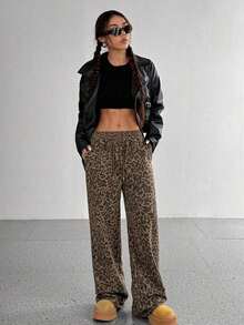 Pantalones rectos de cintura alta con estampado de leopardo retro, cintura elástica con cordón, estilo callejero casual de chica americana, para primavera y otoño - Multicolor 2 - Ver 10