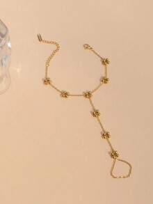 Women's Metal Bead Decorated Stainless Steel Finger Ring Chain, Fashion Casual Minimalist Design, Suitable For Daily Wear - Gold - View 8