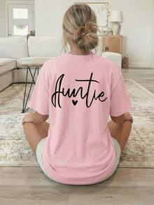 Women's T-Shirt With Double-Sided Front/Back Print - Short Sleeve, Round Neck, Casual Style, Suitable For Casual Wear, Machine Washable, With "Auntie" And Heart Print, Non-Blouse Style For Layering Or Wearing As A Top, 100% Cotton - 粉色 - 查看 3