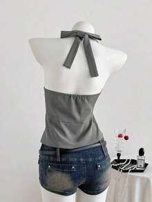 Top de tirantes de cuello halter con botones delanteros de unicolor casual para mujer, verano - Gris - Ver 2