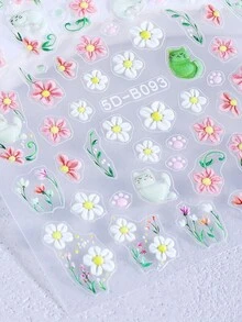5D卡通猫花瓣美甲贴纸2张装，可爱白绿猫咪绿叶藤蔓粉色雏菊芙蓉花瓣猫爪设计DIY Y2K可爱自粘贴纸滑块美甲沙龙装饰美甲用品 - 彩色 - 查看 6