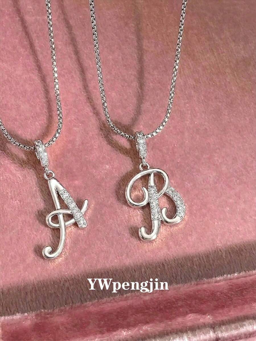 1pc Individuality Cubic Zirconia Exquisite Handwriting Initial Letter Silver Stainless Steel Necklace For Boys Girls Initial Alphabet Pendant Necklace For Daily Wear - Silver - View 1
