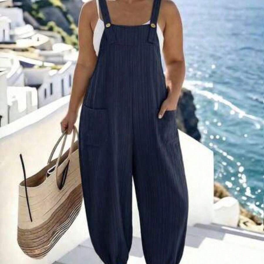Plus Size Women's Elegant Striped Pocket Jumpsuit, Suitable For Work And Commute, Spring/Summer - Azul Marino - Ver 1