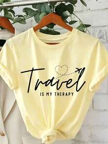 Women's Cotton T-Shirt, "Travel Is My Relax" Letter,Airplane & Heart Print,Apricot Loose Round Neck Short Sleeve Tee,Breathable For Summer Daily Wear - 杏色 - 查看 13
