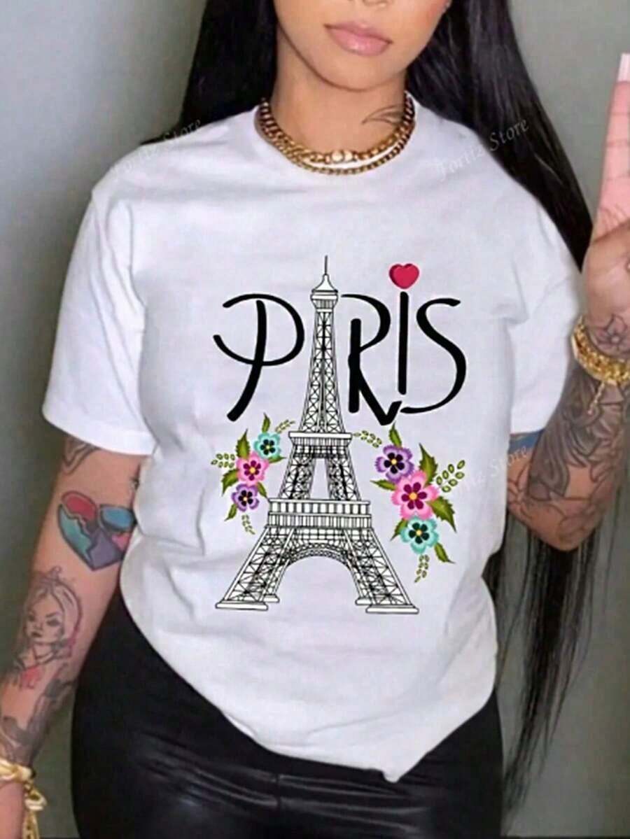 Camiseta básica para mujer, sencilla y versátil, cuello redondo, manga corta, estampado con diseño urbano, París, Francia, top ligeramente elástico. | Camiseta de algodón suave y cómoda - Blanco - Ver 1