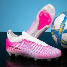 Tacos de fútbol profesionales de colores brillantes, estilo de cordones de caña baja, adecuados para partidos y entrenamientos en césped artificial/natural - Rosa - Ver 8