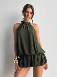 casual de verano para mujer con cuello halter, unicolor y volantes en el bajo - Verde militar - Ver 1