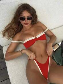 Nuevo Llegado Oficial Primavera/Verano Elegante Casual Sexy Traje de Baño Bikini de Mujeres en Blanco y Negro a Patchwork, para Playa, Fiesta, Cita, Vacaciones - Rojo - Ver 1