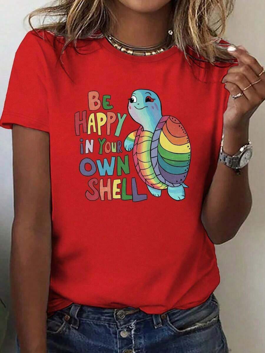 Cute Rainbow Turtle Print Crew Neck T-Shirt, Casual Short Sleeve Top For Spring And Summer, Women's Clothing. 100% Cotton Casual Blouses For Women - 紅色的 - 查看 1