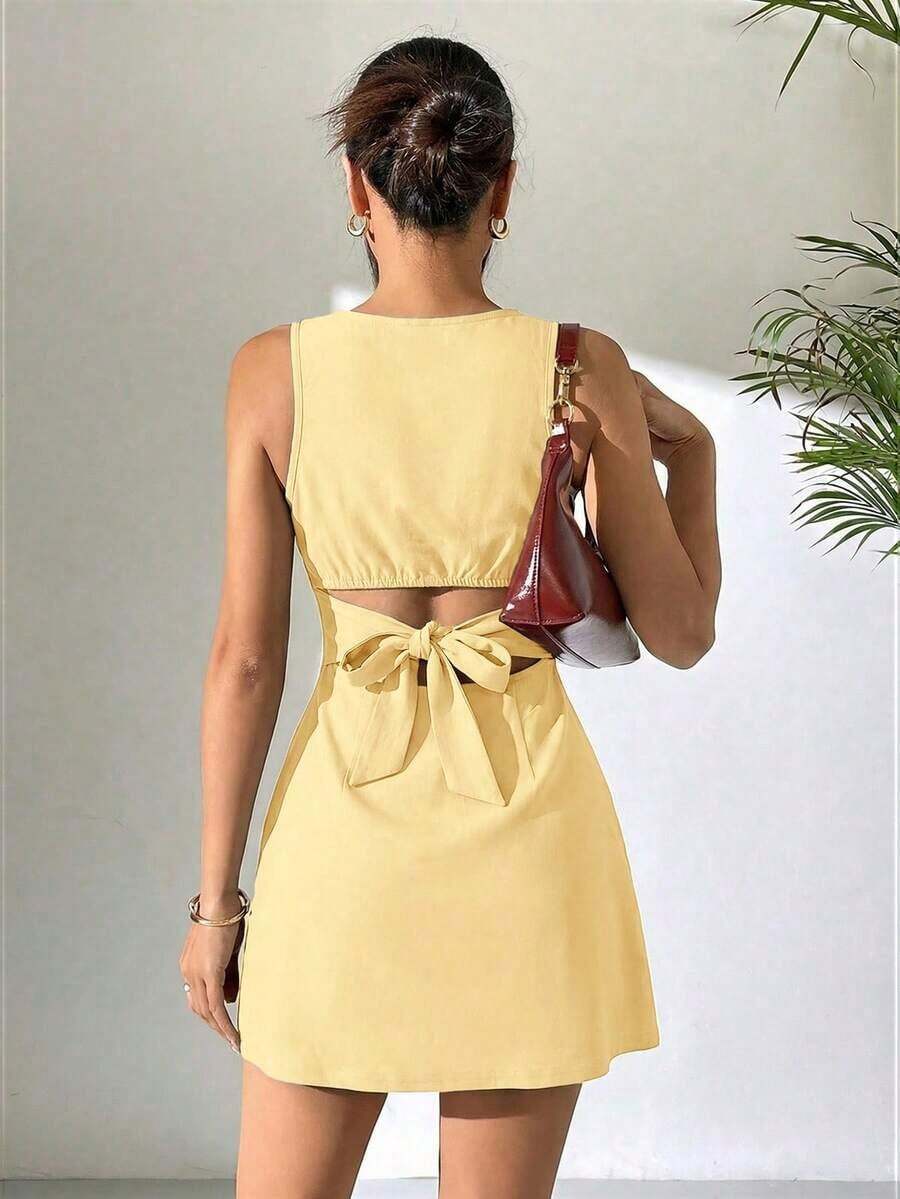 Vestido de línea A con espalda anudada con estampado floral diminuto en crema, adecuado para vacaciones, uso casual, ocasiones románticas y citas, primavera/verano - amarillo ganso - Ver 1