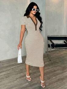 Vestido polo de manga corta a rayas blanco y negro de estilo minimalista y casual para ir al trabajo, vestido de punto de media longitud con ajuste ceñido y gran elasticidad, vestido elegante francés - Café integral - Ver 4