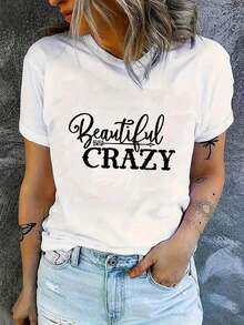 Summer Women's Casual Sports T-Shirt With Fun Print, Round Neck, Short Sleeves, Comfortable For Summer And Vacation. T1FWFashion Women's Short Sleeve T-Shirt, Basic Style For Indoor And Outdoor Wear. - 白色的 - 查看 1