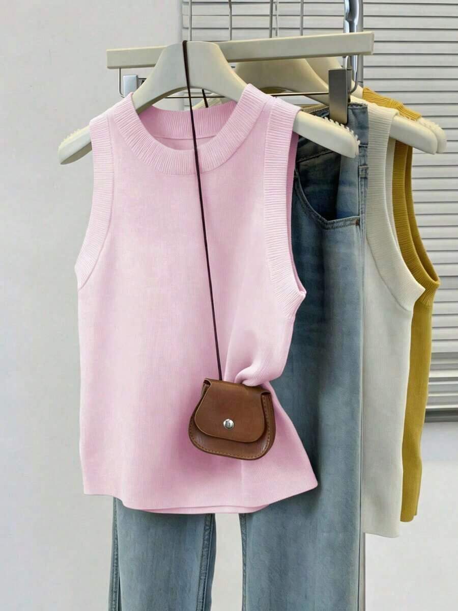Top de punto de cuello redondo en color sólido para mujer de , minimalista y versátil, para verano. - Rosa - Ver 1