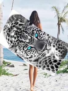 [Secado rápido y suave] Toalla de playa de microfibra portátil de verano absorbente | 70*140/90*180cm con bolsa de almacenamiento | Estampado de leopardo de las nieves de ojos azules | Adecuado para natación, decoración de baño, uso en la playa, camping, fitness, viajes - Multicolor - Ver 4