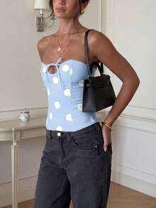 休閒性感優雅年輕時尚迷人圓點編織面料抹胸上衣，適合度假、日常穿著、單身派對、旅行、夏季 - 藍色 - 查看 1