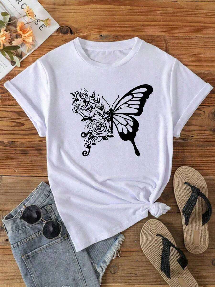 Camiseta de manga corta con cuello redondo y estampado de mariposas para mujer - Blanco - Ver 1