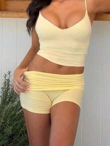 cortos de mujer Vaiaye de unicolor, ajuste delgado, cintura baja, mini shorts, estilo minimalista, adecuados para verano, playa bohemia, fiesta y uso diario - Amarillo - Ver 8