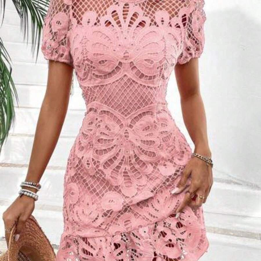 Women's Stand Collar Short Bubble Sleeve Hollow Out Dress For Holiday Party Clothes Lace Women Outfit - Rosa - Ver 1