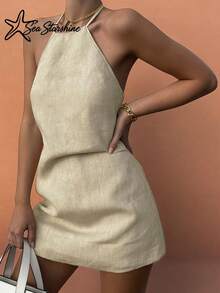 Women's Solid Color Backless Dress - Perfect For Beach Vacation And Afternoon Tea, New Arrival Spring/Summer Elegant - Apricot - View 6