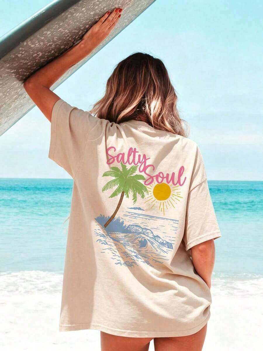 SALTY SOUL Camiseta de Manga Corta con Cuello Redondo para Mujer, Estampado de Cocotero y Sol, para Primavera/Verano, Ropa Casual para Vacaciones en la Playa, Prenda Esencial para el Día a Día. Camiseta estampada de vacaciones para mujer, blanca, estilo vintage urbano, unisex, holgada, de algodón, manga corta, cuello redondo, blusas para mujer. blusas.blusas casuales para dama. - Albaricoque 3 - Ver 1