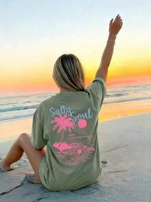 SALTY SOUL Camiseta de manga corta con cuello redondo para mujer, estampado de cocotero y sol, nueva colección primavera/verano, versátil y a la moda, esencial para uso diario y vacaciones.Camiseta Estampada de Vacaciones para Mujer - Hierba verde 2 - Ver 8