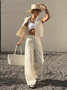 Conjunto de mujer de mezclilla - Top sin mangas con cuello y pantalones de unicolor - Albaricoque - Ver 5