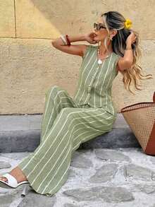 Frenchy Conjunto de 2 piezas de top de tirantes con botones y pantalones a rayas, estilo casual de verano para mujer - Verde - Ver 8