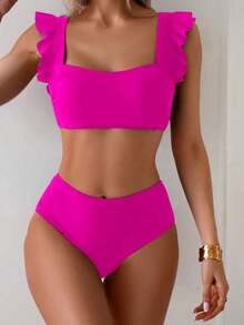Conjunto de traje de baño para mujer, conjunto de unicolor con escote cuadrado tipo bandeau, tirantes con volantes - Rosa Fucsia 2 - Ver 3
