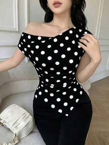 Camiseta asimétrica de mujer elegante con estampado de lunares, para verano - Negro - Ver 5