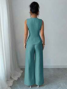 Traje casual/de trabajo elegante de mujer con decoración de botones florales - Verde 2 - Ver 2